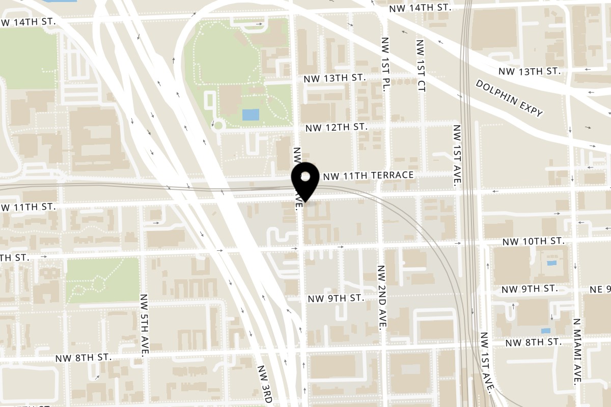 Map showing the location of House of Wings on 1039 Northwest 3rd Avenue in Miami